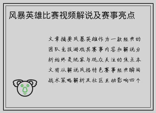 风暴英雄比赛视频解说及赛事亮点