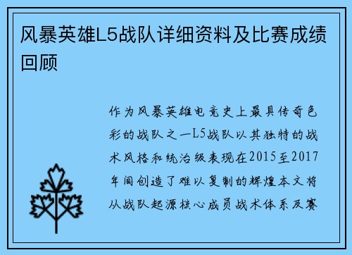 风暴英雄L5战队详细资料及比赛成绩回顾
