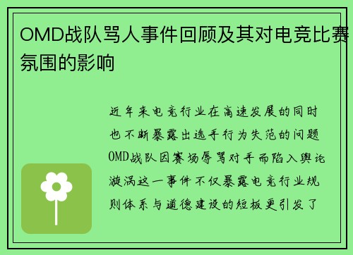 OMD战队骂人事件回顾及其对电竞比赛氛围的影响
